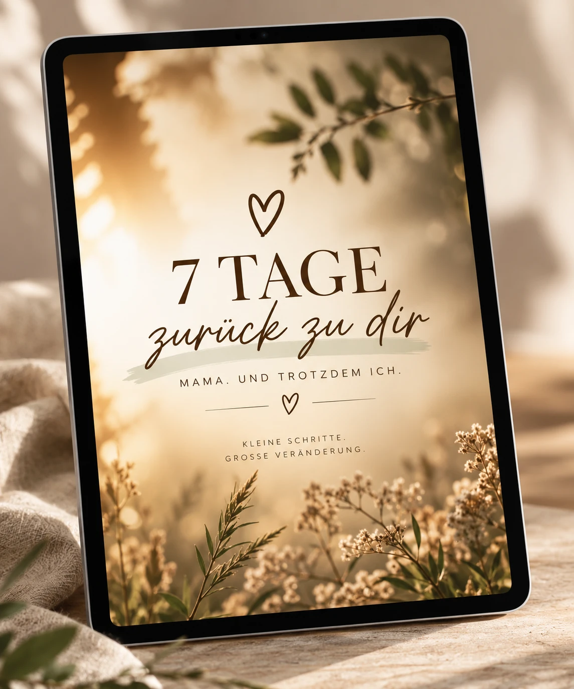 Das Workbook „7 Tage zurück zu dir“ auf einem Tablet