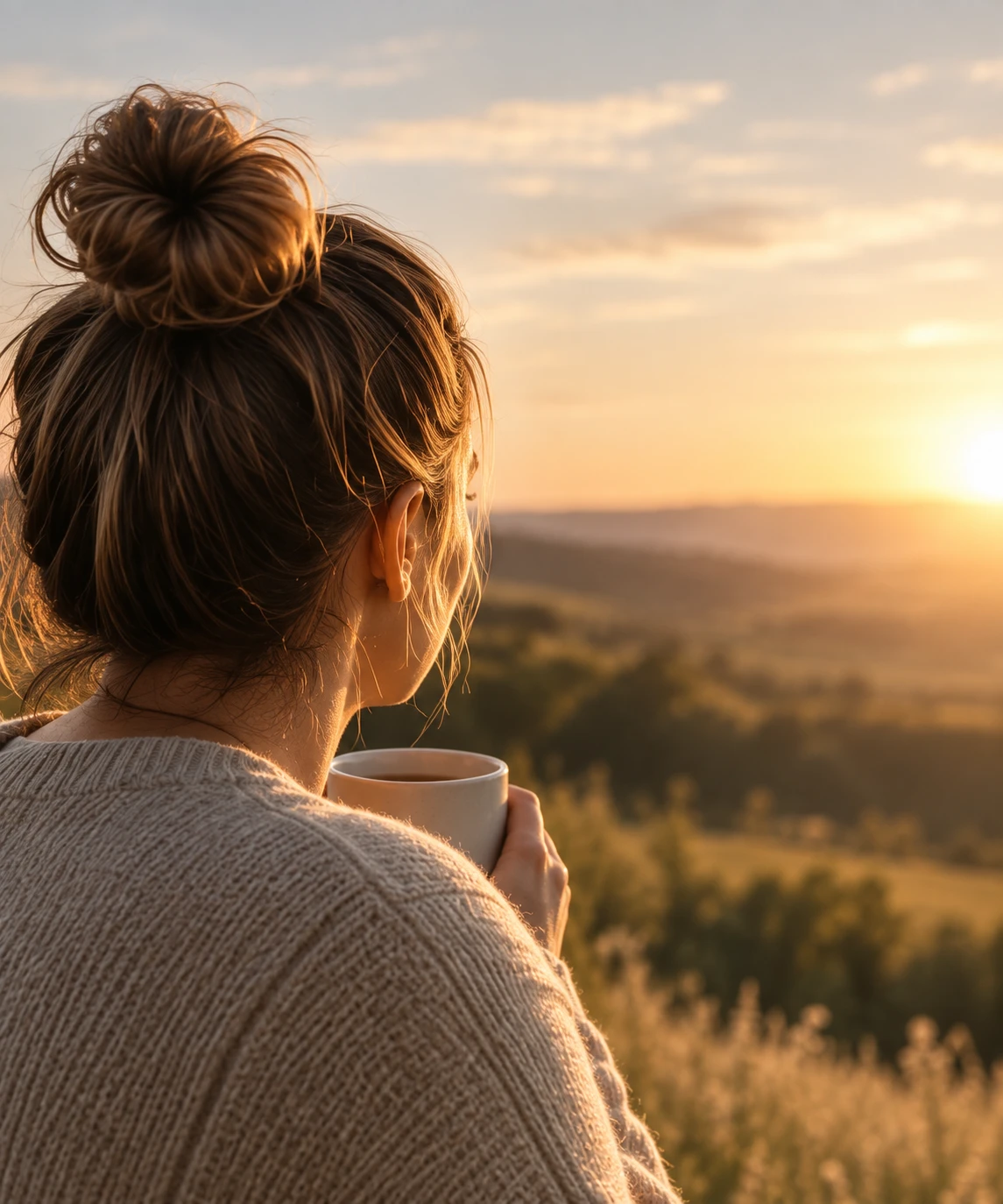 Eine Frau mit Kaffeetasse blickt in den Sonnenaufgang